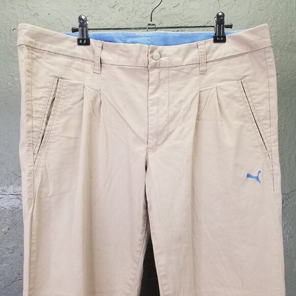 Puma Chino Pants Men's L Beige Pleated Flip Cuff Casual Trouser Stretch Cotton - Picture 4 of 16